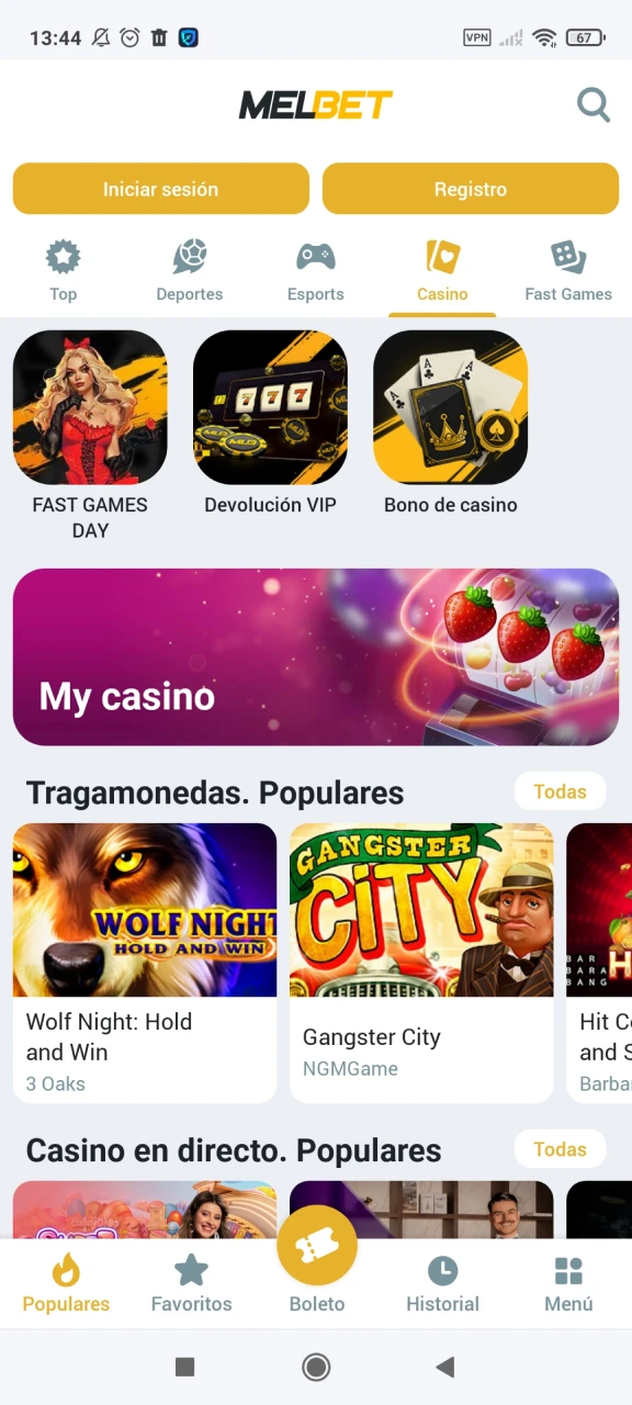 Visita la página del casino en la aplicación Melbet.