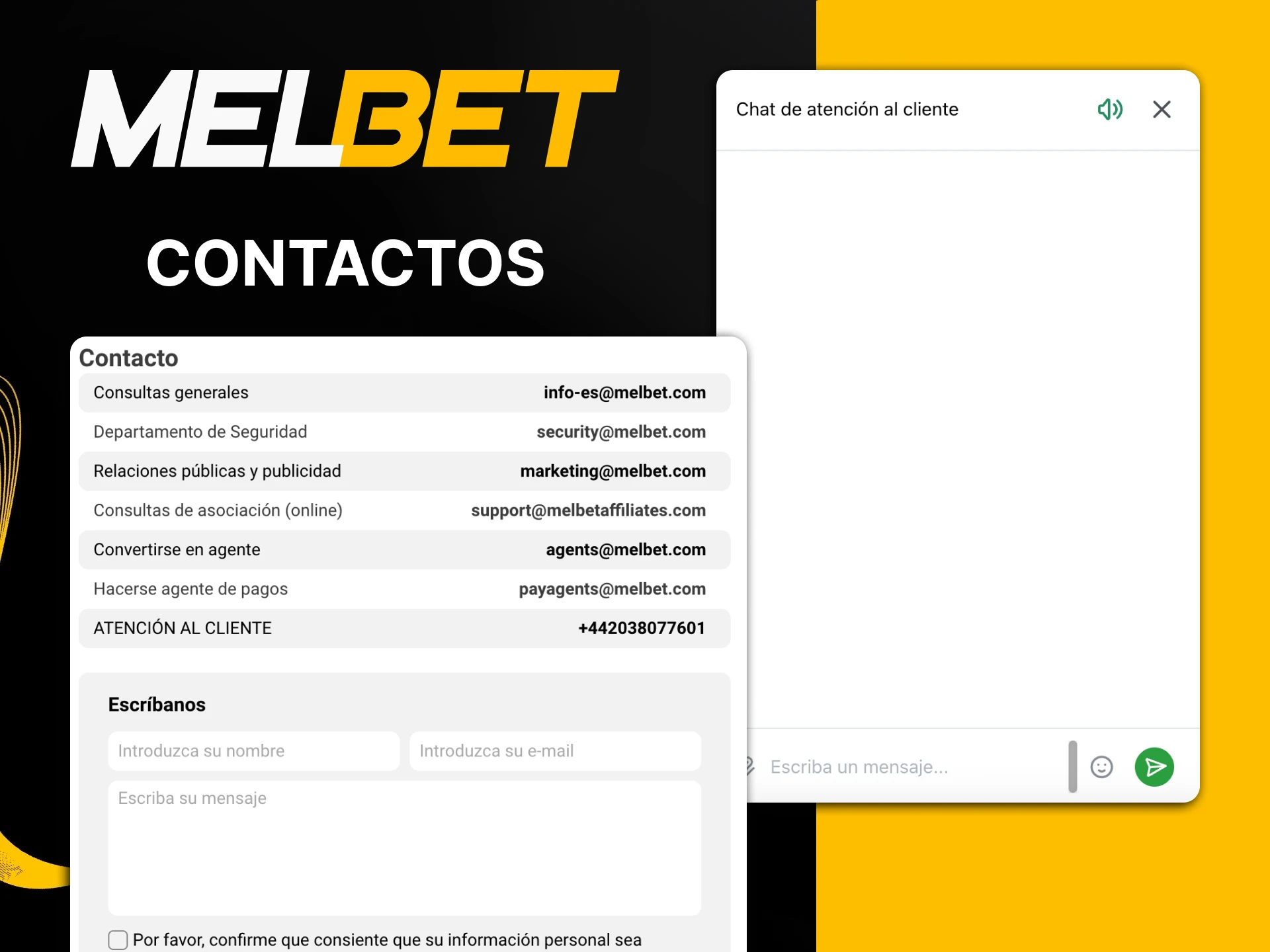Elija entre una variedad de contactos y el equipo de Melbet.